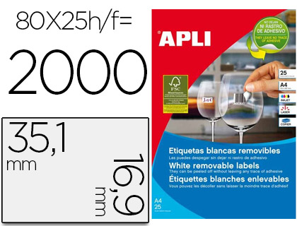 CJ25 hojas A4 2000 etiquetas adhesivas Apli 10199 35,1x16,9mm. ILC